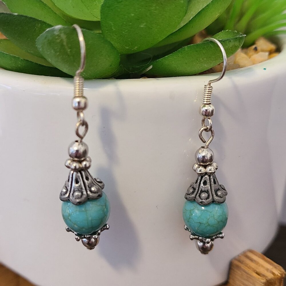 Turquoise Drop Earrings‎ Boho Style Dangle Earrings Silver Tone Jewelry